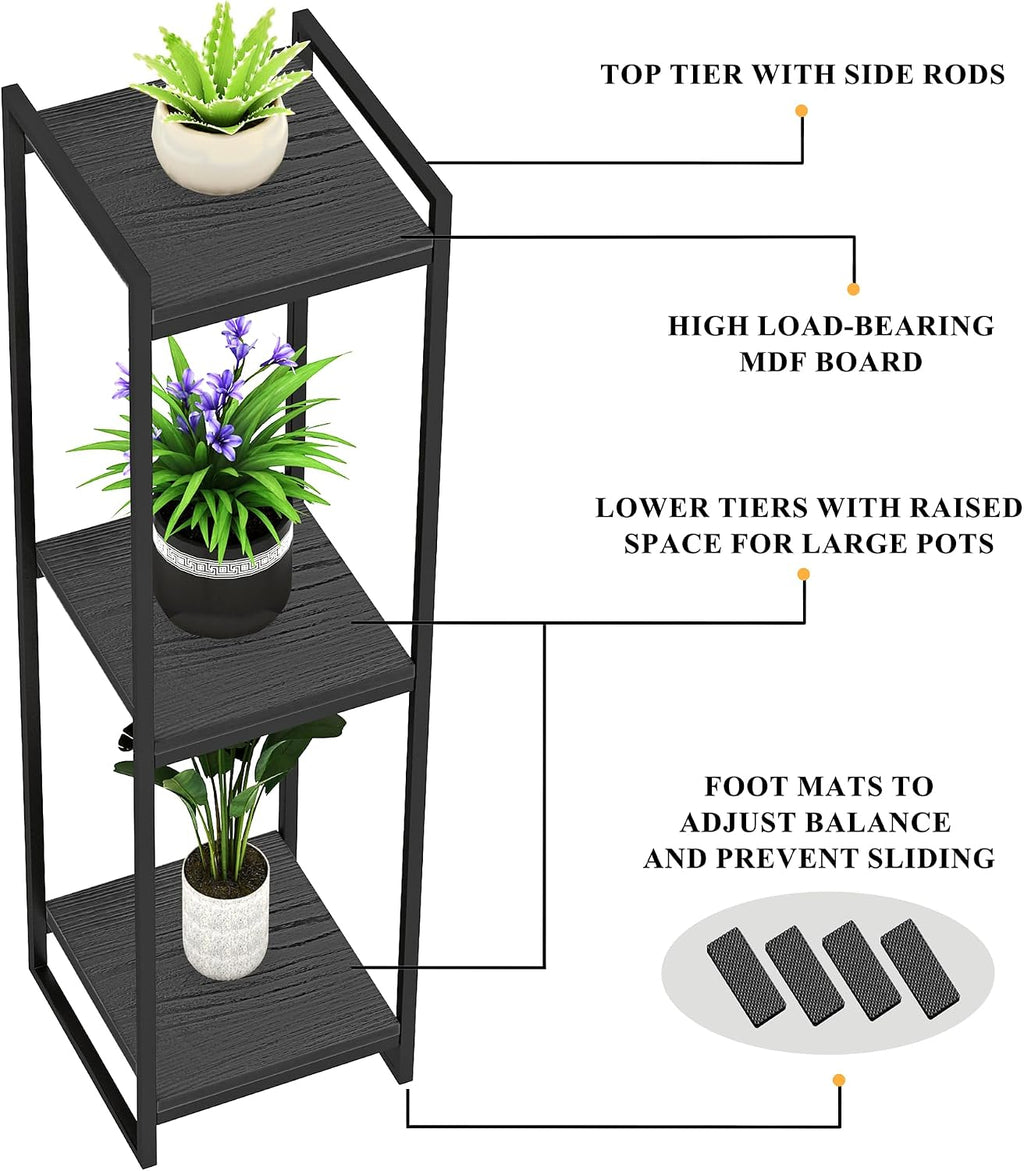45" Tall Indoor Plant Stand, 3-Tier Flower Pot Rack, Black | Modern Minimalist Look, Wood Finish, for Living Room