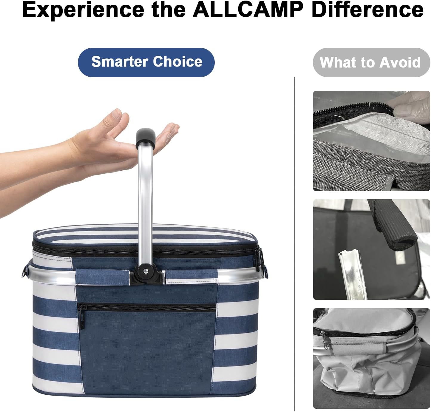 ALLCAMP Picnic Basket, 22L Insulated Cooler Foldable, Thick, Blue White | Tri-layer insulation, foldable flat, thick