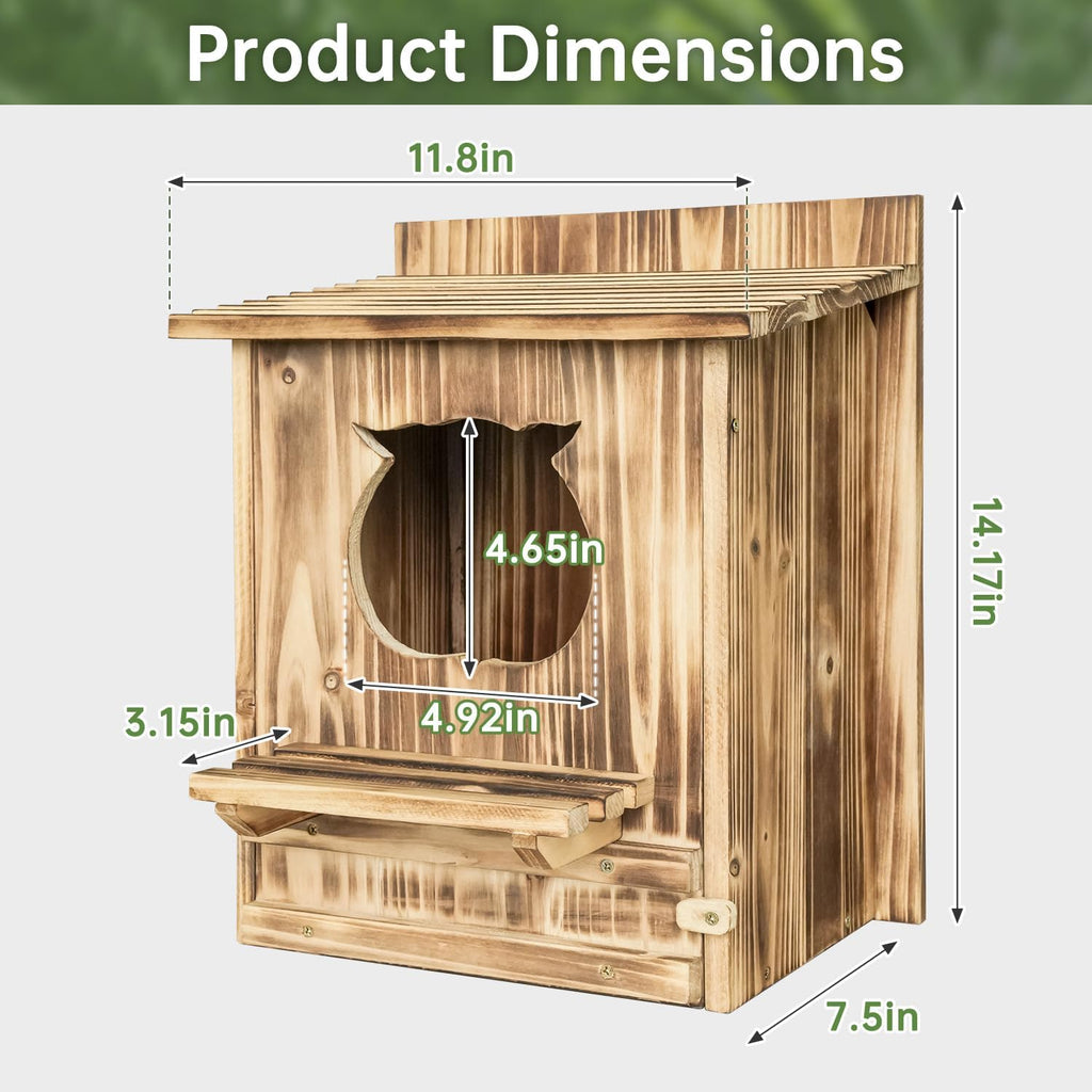 Owl Nesting Box for Outside 14.2×12×7.5 Inch Screech Owl House Bird House | Owl-Shaped Entrance, Wooden Bird Box, Easy