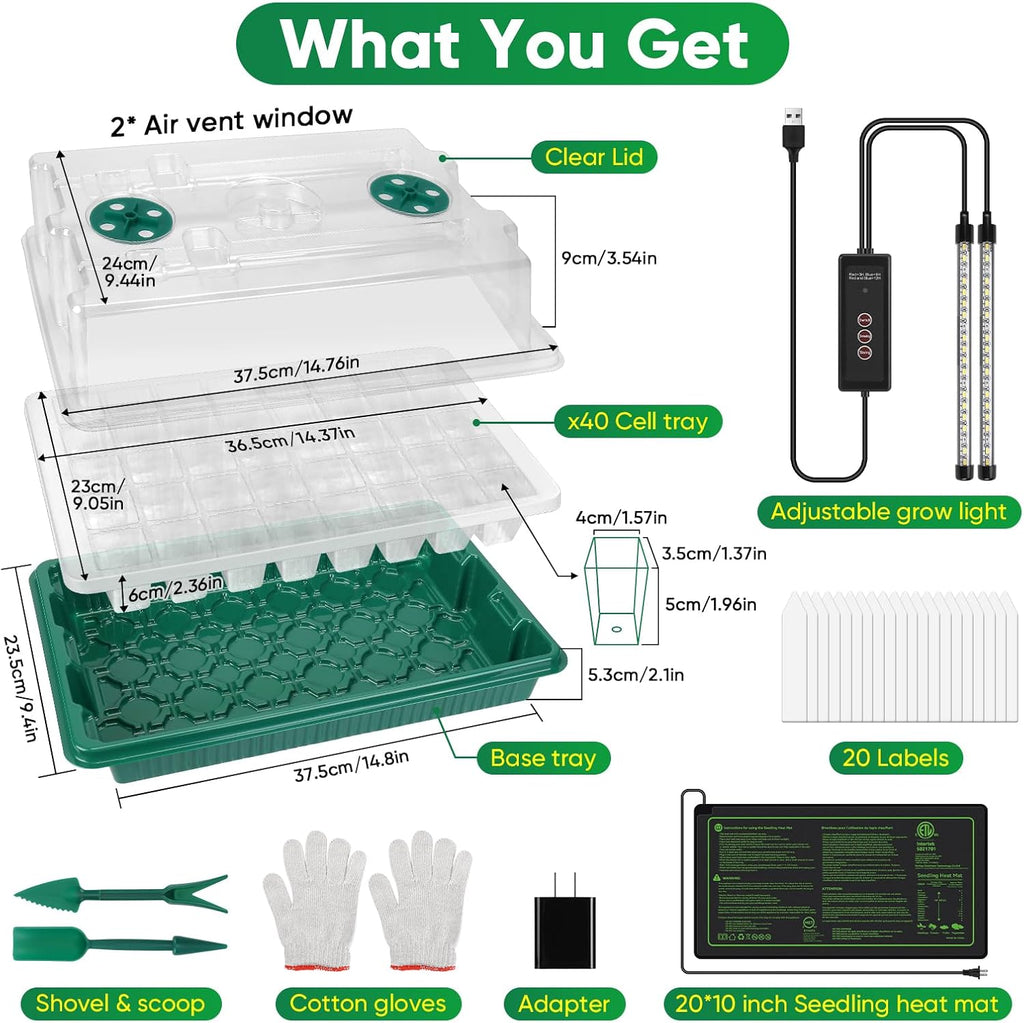 40-Cell Seed Starter Tray with Grow Light, Heat Mat, Humidity Dome | Waterproof Seedling Heat Mat, Heated Seed Starter