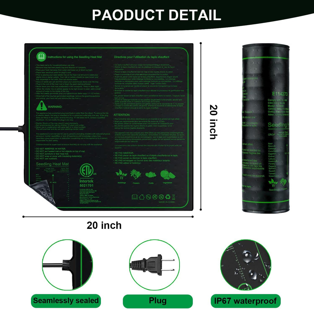 20"x20" Durable Seedling Heat Mat for Seed Starting and Germination | Waterproof Warm Hydroponic Heating Pad with ETL