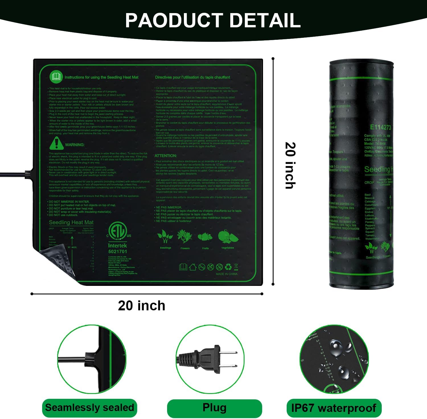 20"x20" Durable Seedling Heat Mat for Seed Starting and Germination | Waterproof Warm Hydroponic Heating Pad with ETL