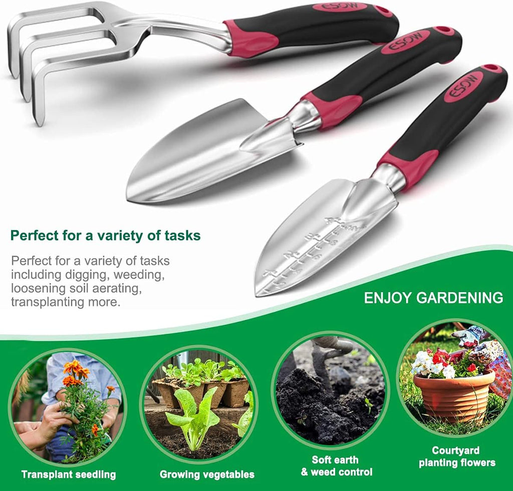 Garden Tool Set 3 Pc, Cast-Aluminum Heavy Duty - Trowel, Rake, Red | Non-slip rubber handle, ergonomic. Rustproof