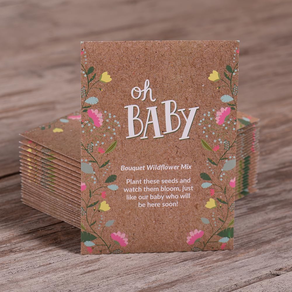 Oh Baby Flower Seeds Packets - Girl/Boy Baby Shower Favors - Pre-Filled, 25 Wildflower Seed Packs for Favor