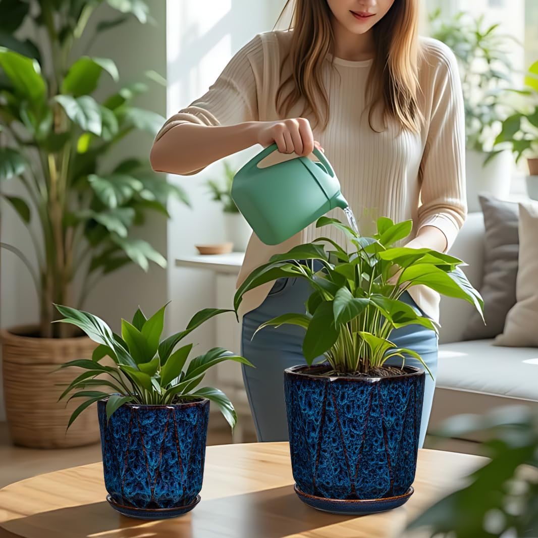 Oairse Ceramic Pots for Plants, 8+6 inch Plant Pots with Drainages Holes & Saucers Large Blue Ceramic Planters
