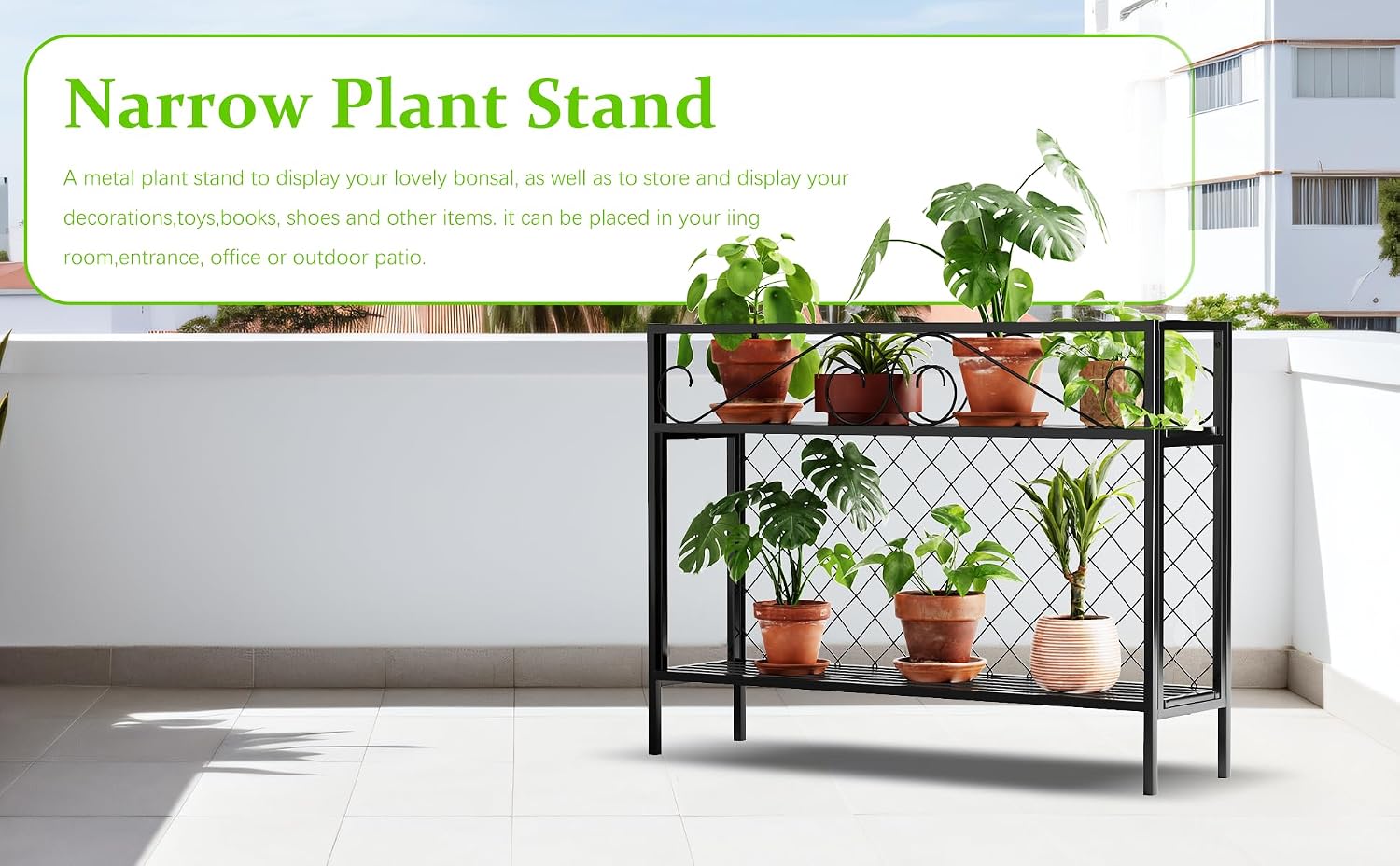 Zhongma 2 Tier Metal Sturdy Narrow Plant Stand, 47.24L x 12.6 W x 35.43 H inch, Indoor and Outdoor Heavy Duty Metal