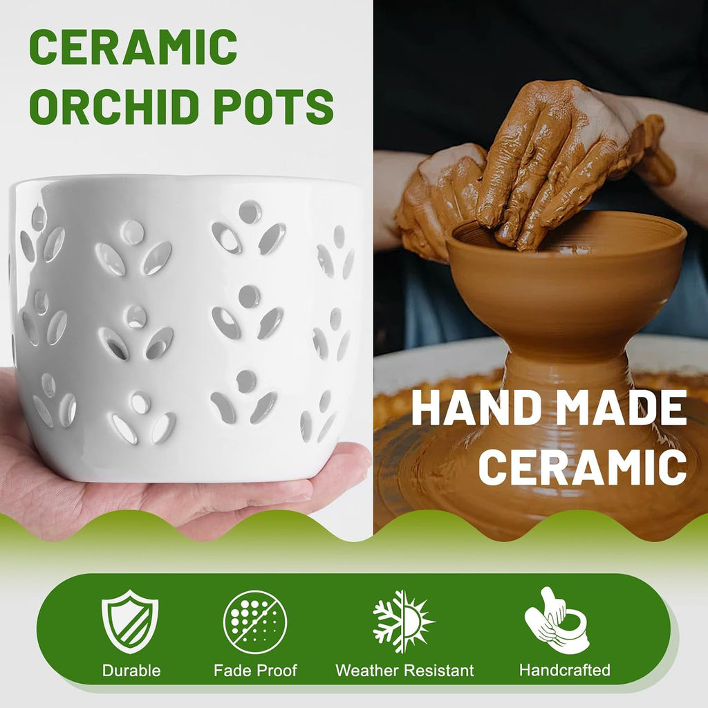 REMIAWY Orchid Pot, 2 Pack Orchid Pots with Drainage Holes and Saucer, 6 Inch and 5 Inch Large Ceramic Planter for