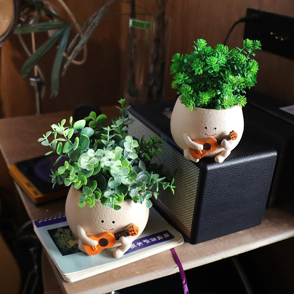 Smily Face Planter Pot with Drainage Hole Cute Resin Head Planters for String of Pearls Plant Live Unique Guitar