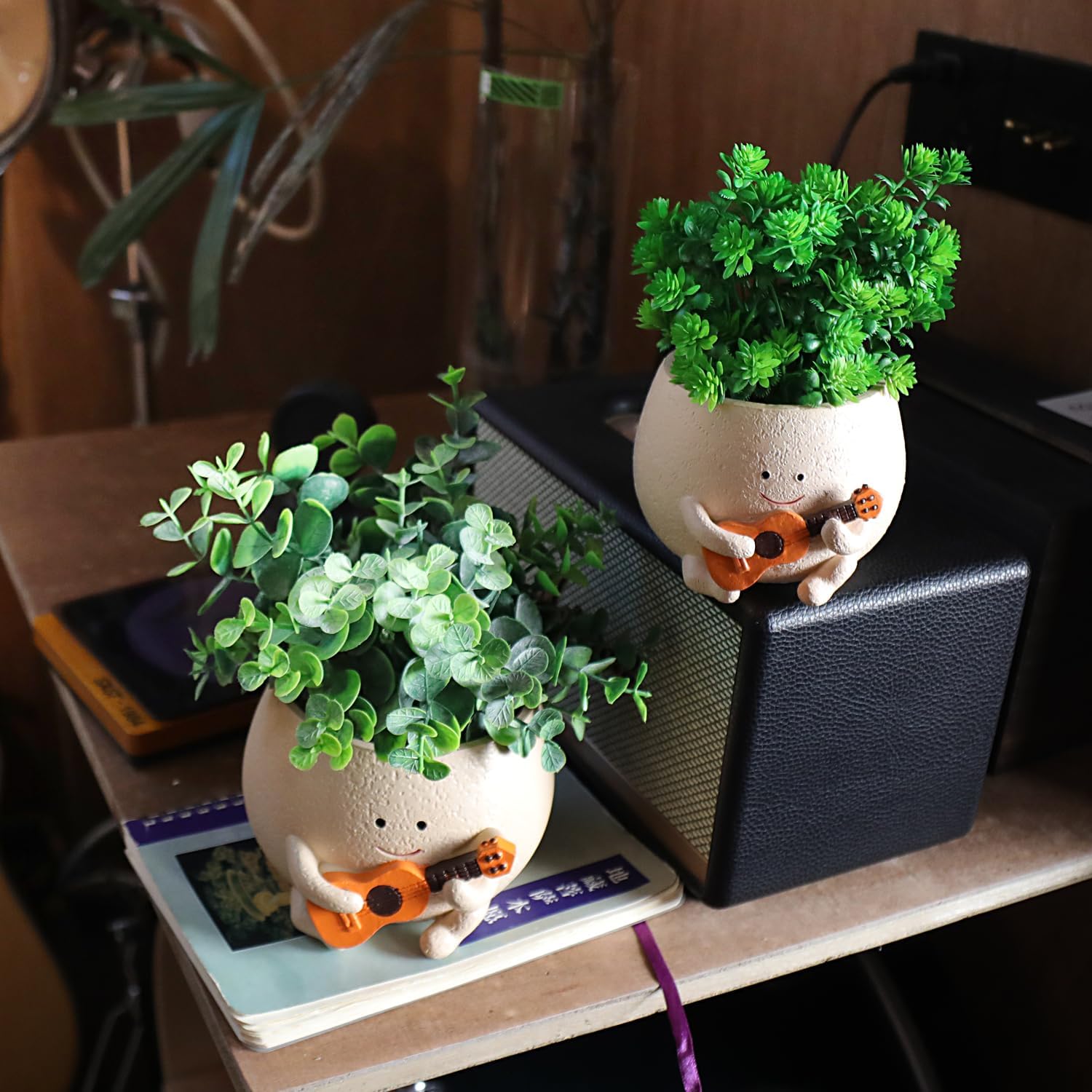 Smily Face Planter Pot with Drainage Hole Cute Resin Head Planters for String of Pearls Plant Live Unique Guitar