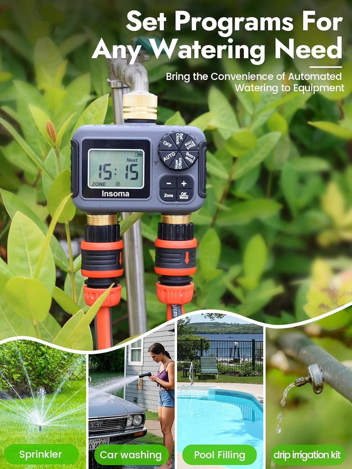 Insoma 2-Zone Water Timer Brass Inlet/Outlet, Programmable Outdoor Hose Faucet Timers with Auto/Manual Modes + Rain