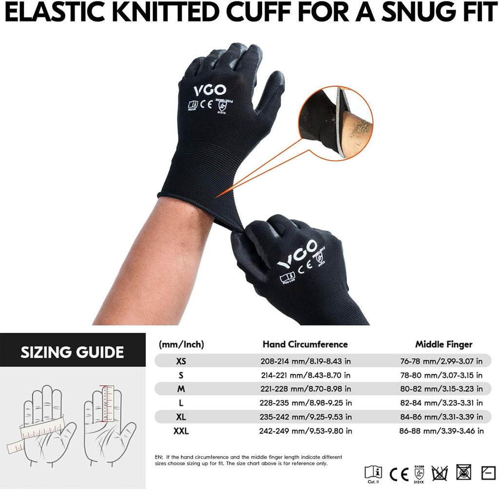 Vgo... 15-Pairs Safety Work Gloves, Gardening Gloves, Polyurethane Coated, Dipping Gloves, Latex Free (Size XL, Black