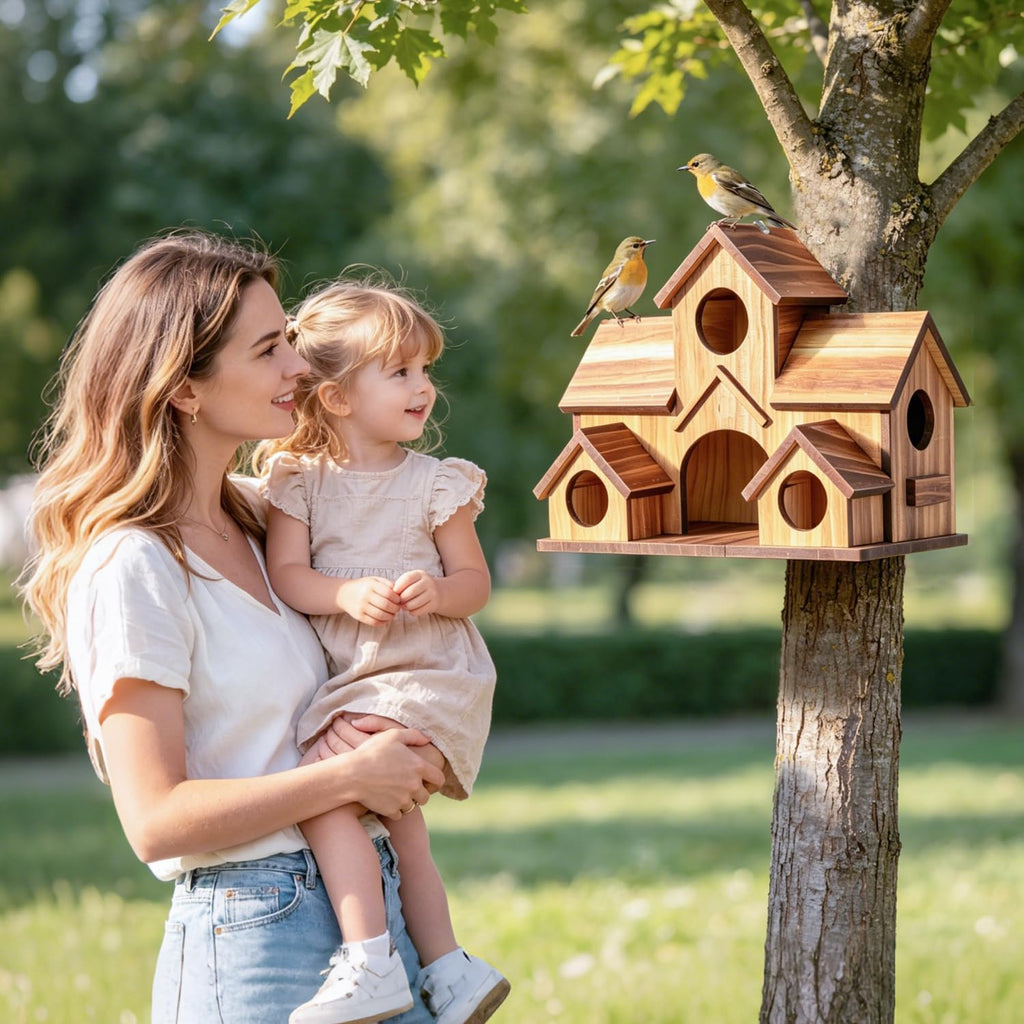 Bird House for Outside, 5-Hole Outdoor Wooden Birdhouse for Chickadee Bluebird Finch Wren Hummingbird, Weatherproof