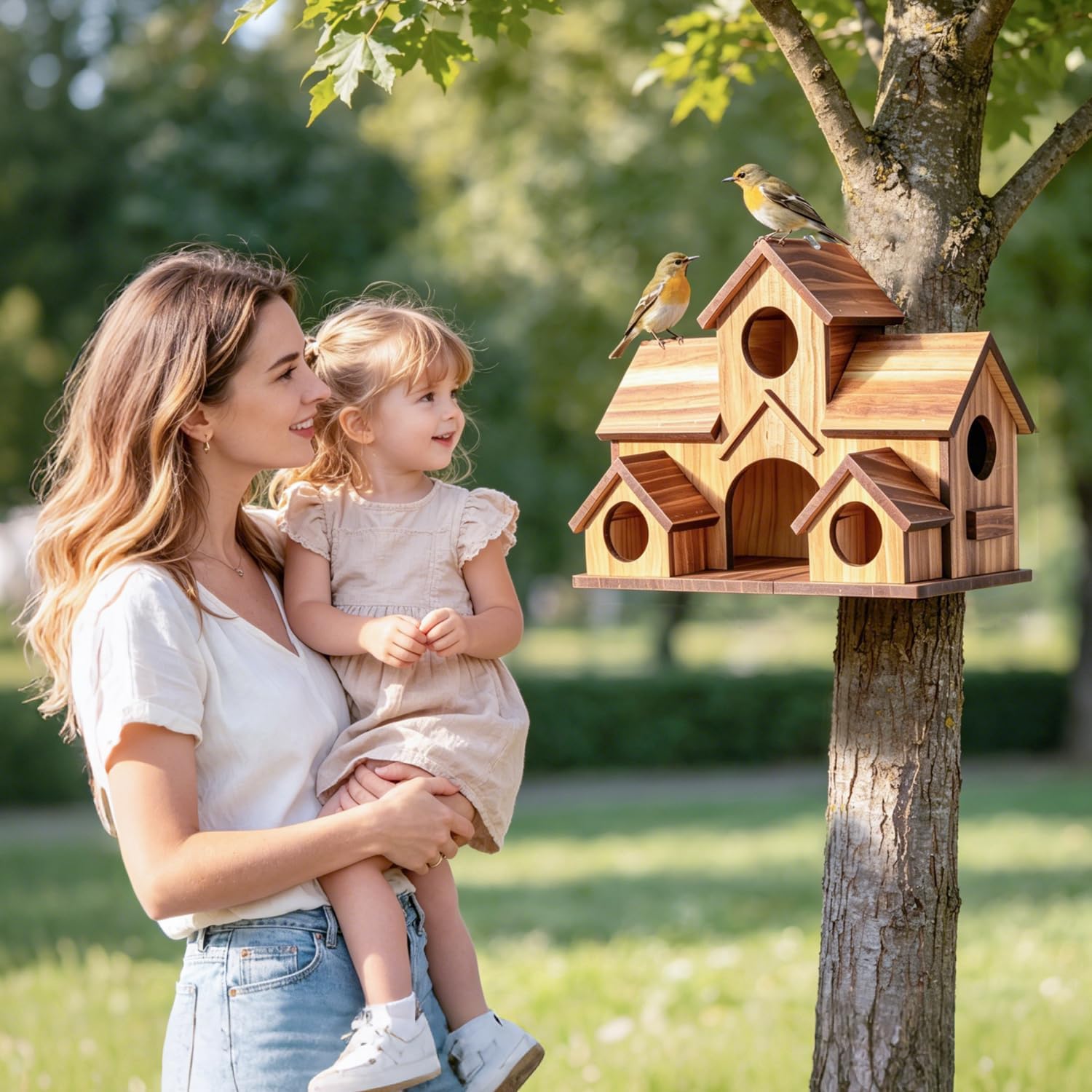 Bird House for Outside, 5-Hole Outdoor Wooden Birdhouse for Chickadee Bluebird Finch Wren Hummingbird, Weatherproof