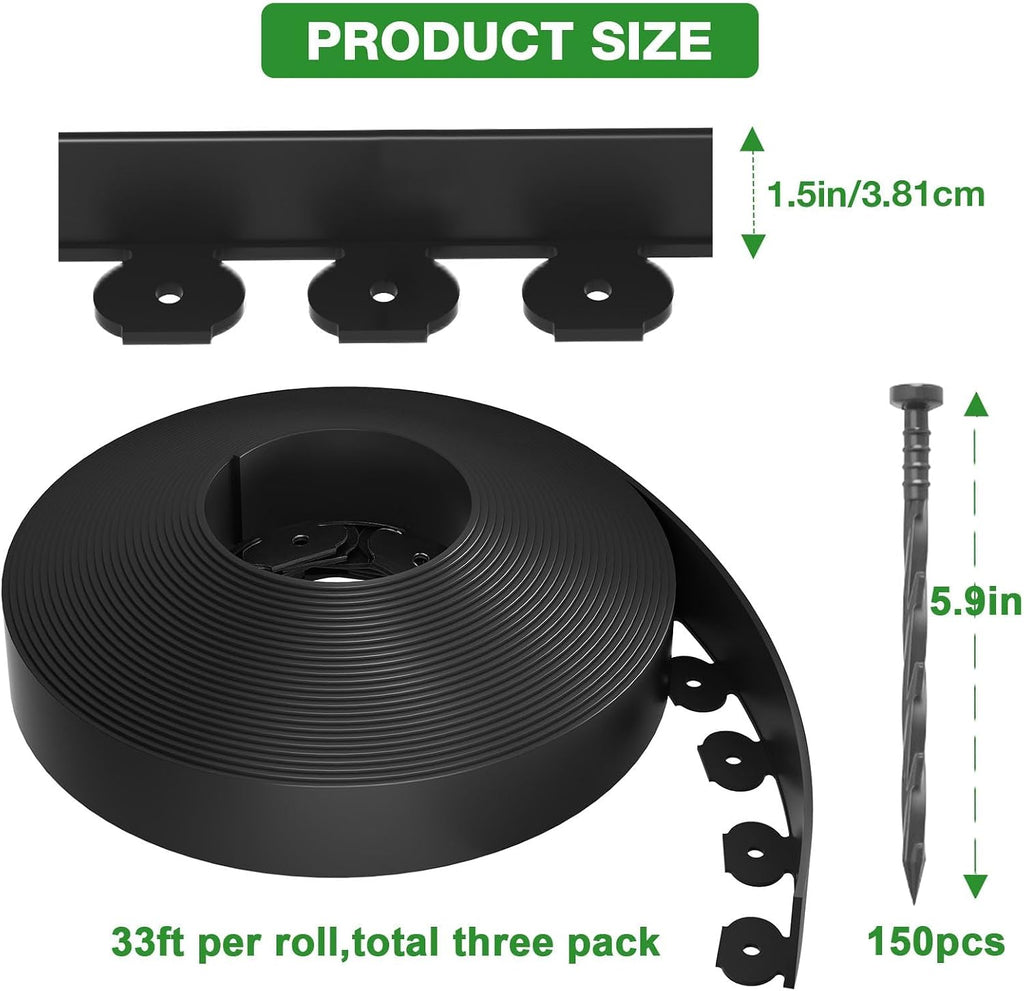 MIXC 100ft Landscape Edging Kit with 150 Spikes, Not Digging Flexible Plastic Edge Border for Landscaping, Lawn
