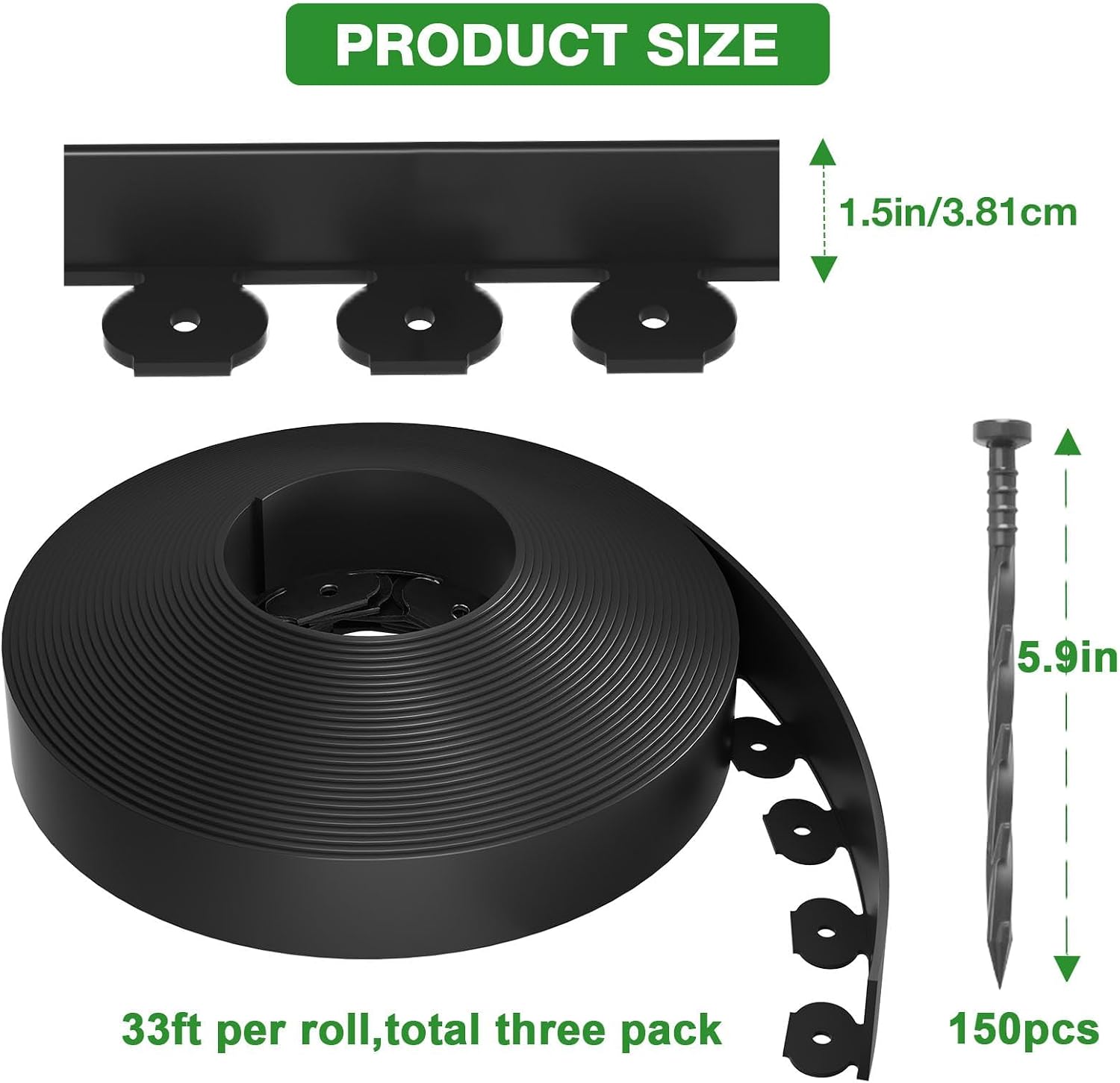 MIXC 100ft Landscape Edging Kit with 150 Spikes, Not Digging Flexible Plastic Edge Border for Landscaping, Lawn