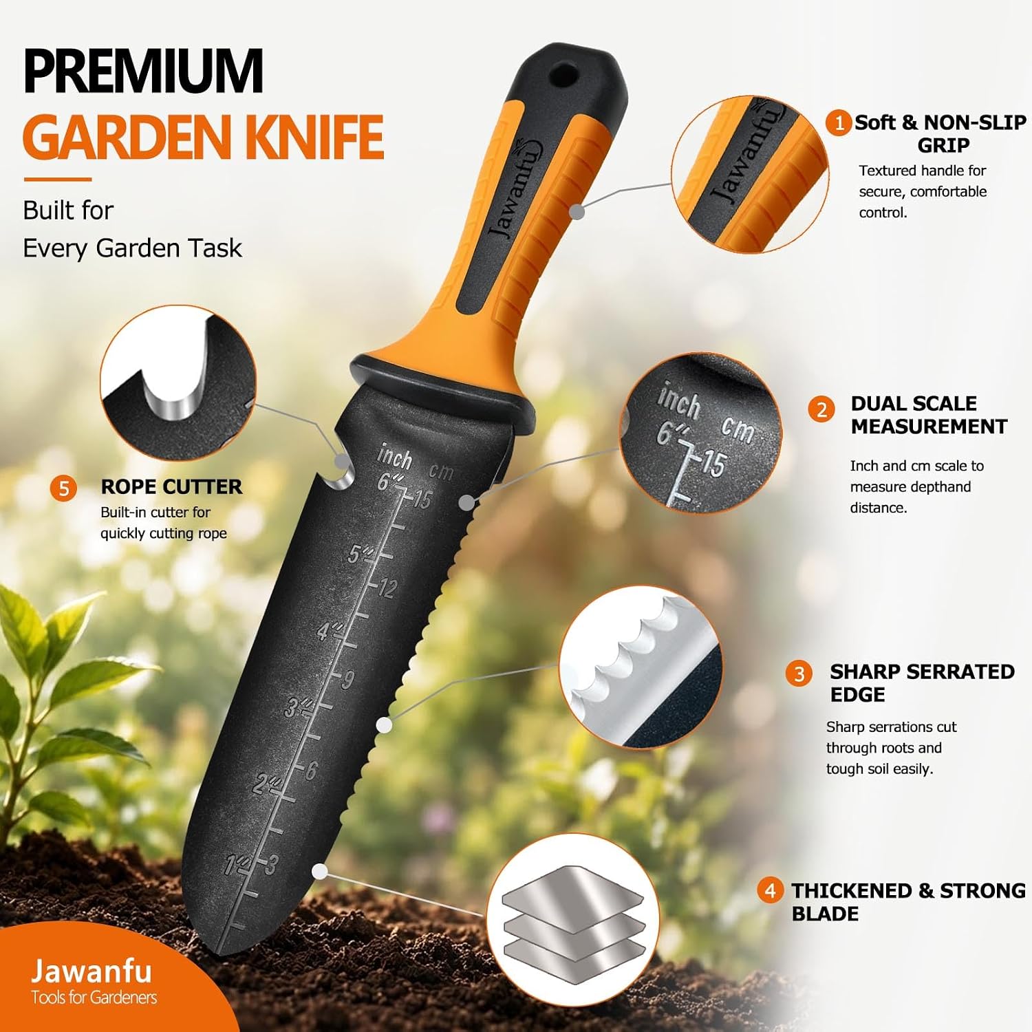 Garden Knife, Hori Hori Garden Tool for Digging, Weeding, Planting | Heavy-duty, 7" Stainless Steel Blade, Sharp