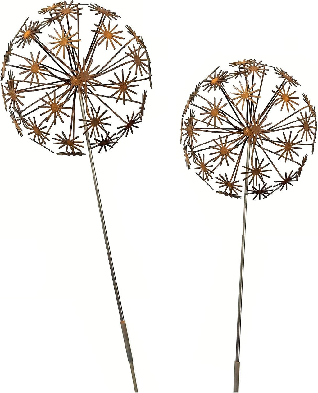Rustic Dandelion Garden Stakes 2 Pack, 3D Rusty Metal Flowers Sculpture | Decorative Garden Stake, Outdoor Yard Art