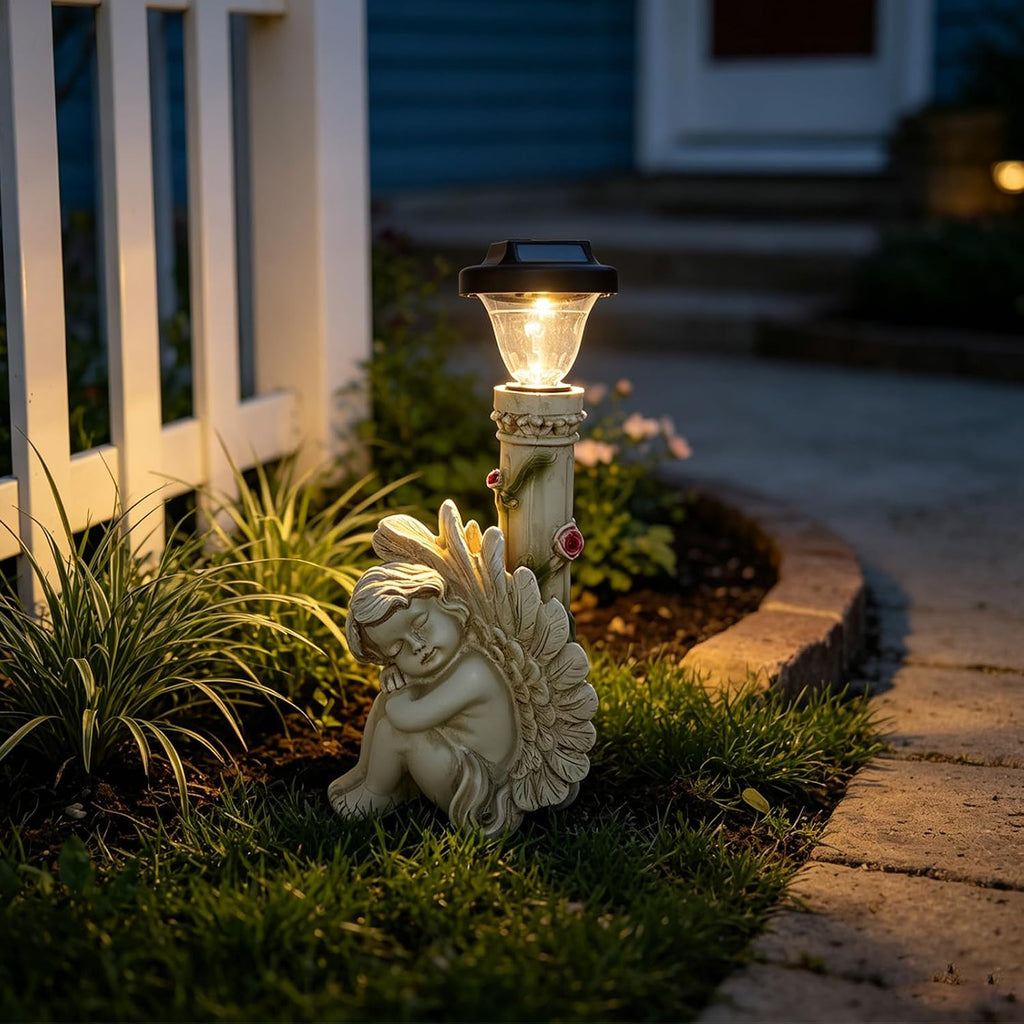 Angel Statue with Solar Light,White 12.9IN | Resin Angel Statue Decor for HOME Patio Lawn Yard Balcony, Resin Angel