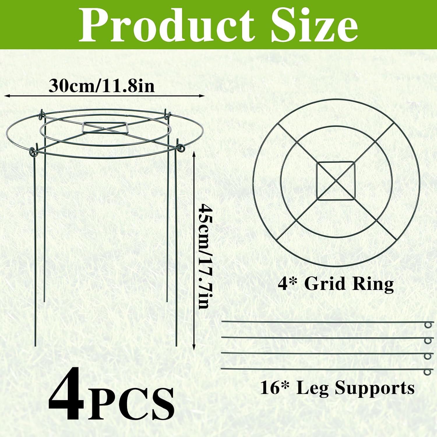 Peony Cages and Supports - 4 Pack Metal Plant Support Ring | Outdoor Indoor 11.8" Dx17.7 H Garden Stakes with 4 Legs