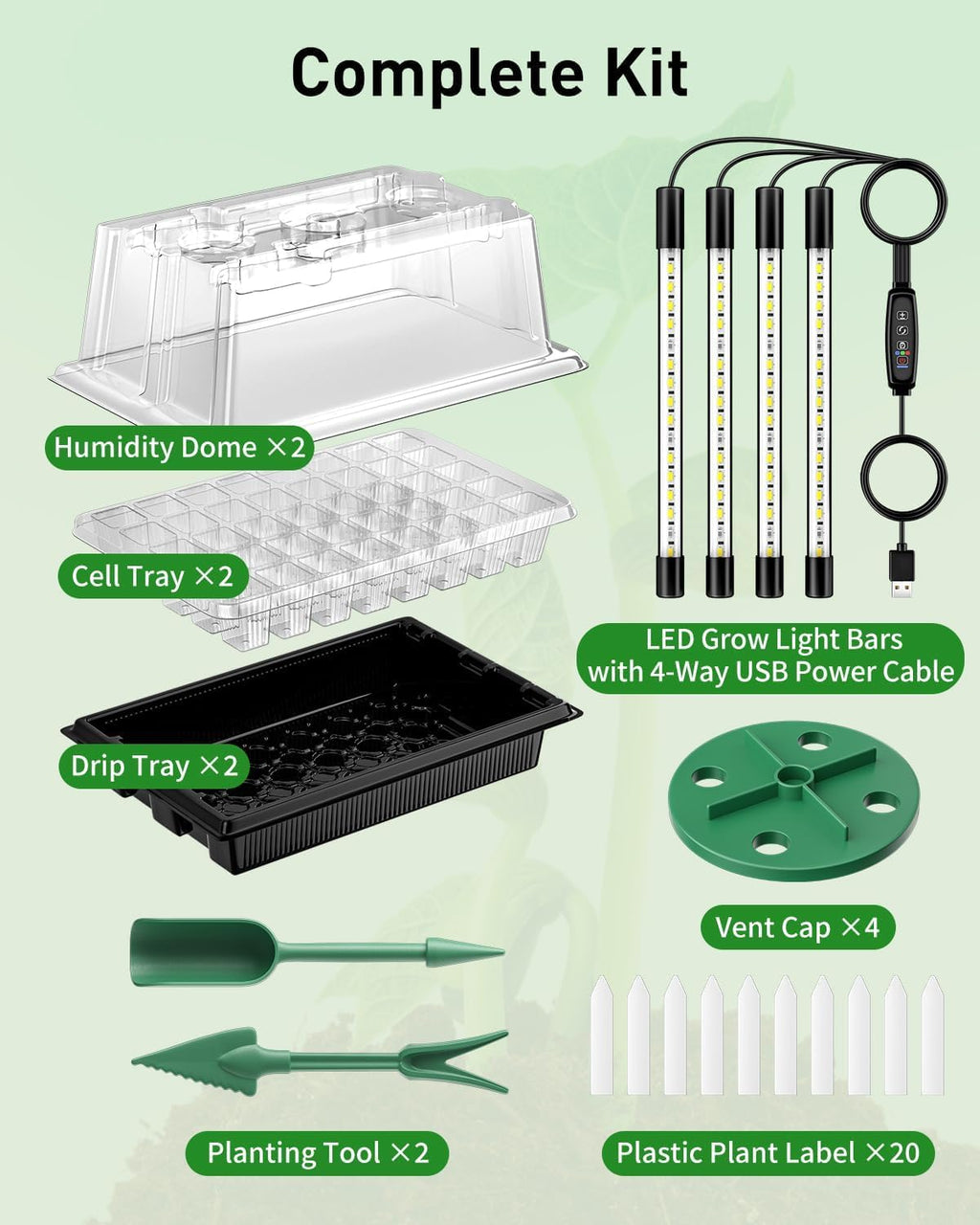 Pawfly Seed Starter Trays, 2 Pack 80 Cells Seed Starter Kit | Adjustable Grow Light Bars & 3.5" Humidity Domes, Seeding