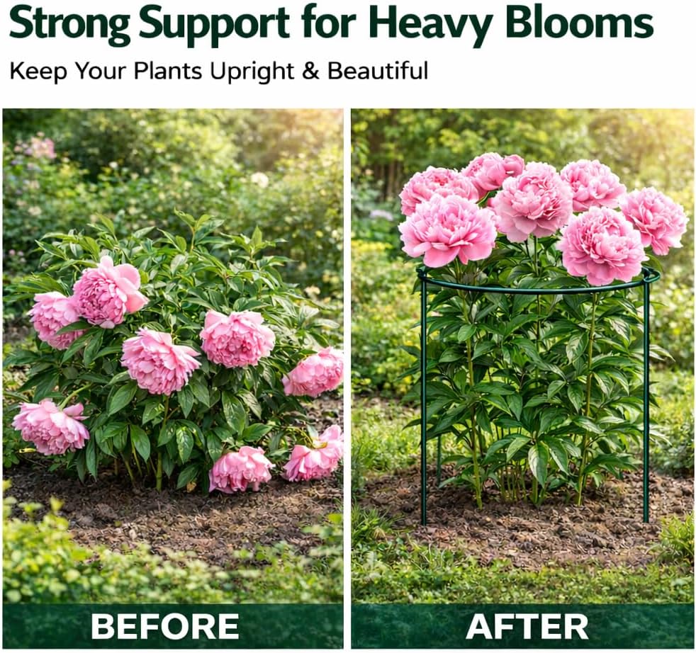 8 Pack Peony Support Cages, 10" W x 16" H Half Round Peony Plant Supports, Heavy Duty Metal Plant Support Stakes, Green