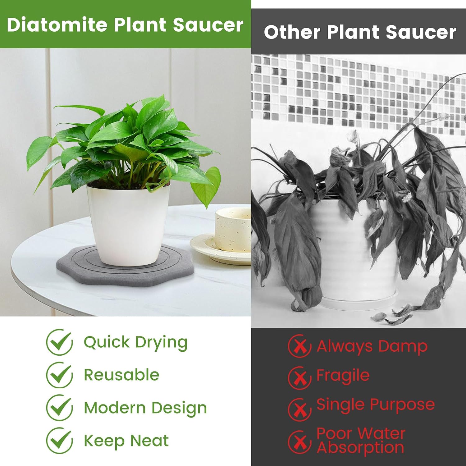 Plant Saucer for Indoors, 2 Packs 12 inch, Large Diatomaceous Earth Pot Saucers No Holes, Instant Dry Plant Drainage
