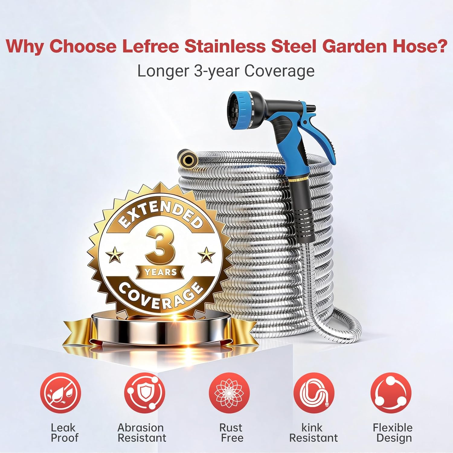 100ft Metal Garden Hose - Heavy Duty 304 Stainless Steel Flexible Water Hose, No Kinks & Leak-Proof with Upgraded