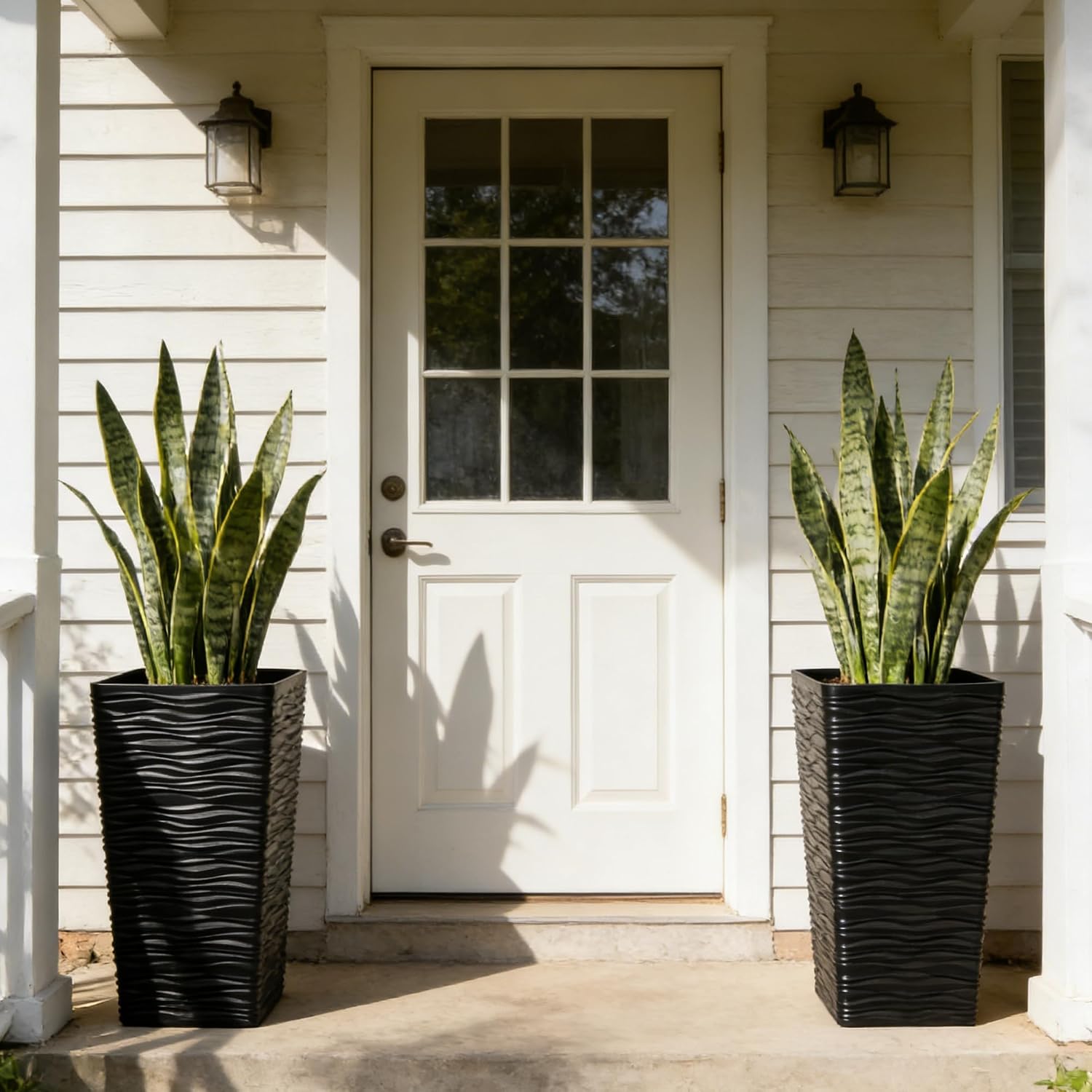 Worth 2 Pack 22" Tall Plastic Square Tapered Planter with Inside Pots for Indoor or Outdoor Use, Modern Wavy Finish for