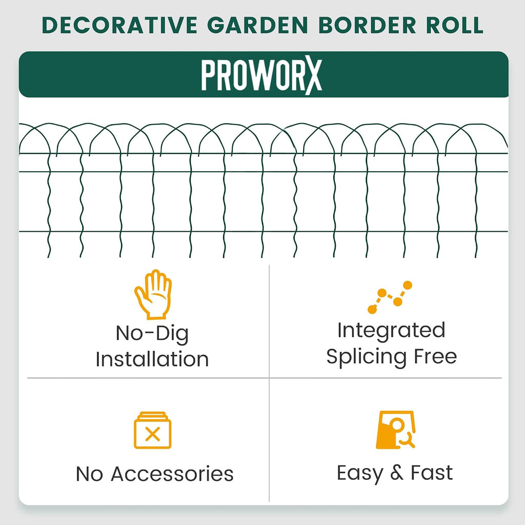 PROWORX Green Small Garden Fence Border Curve Wire Fencing 14”x40’(2 Rolls) | 2 Pack Metal Folding Decorative Flower
