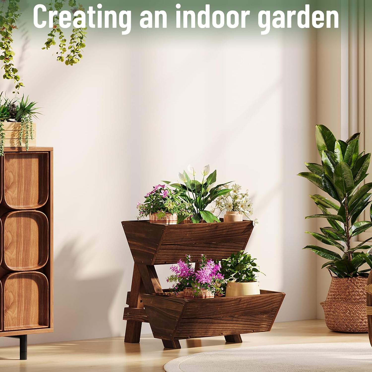 2-Tier Vertical Wooden Raised Garden Bed, Garden Planter Box,Carbonized | Freestanding Wood Flower Rack, Planter Box