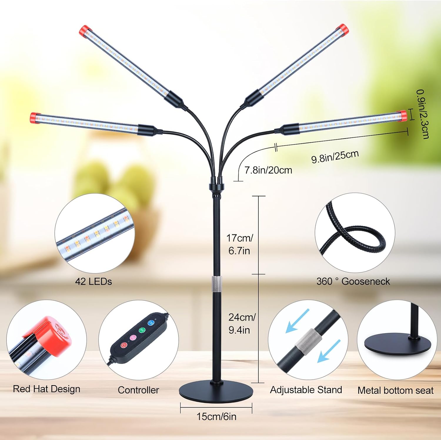 FECiDA 2026 4Head Table Top Grow Lights for Seed Starting, Indoor Plants, Bonsai, 36 Watt Power Draw, NO Need Adapter