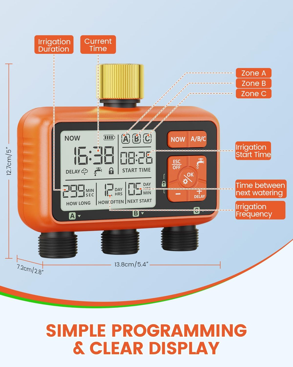Sprinkler Timer 3 Zone with Brass Inlet Water Timer for Garden | Programmable Hose Faucet Controller with Independent