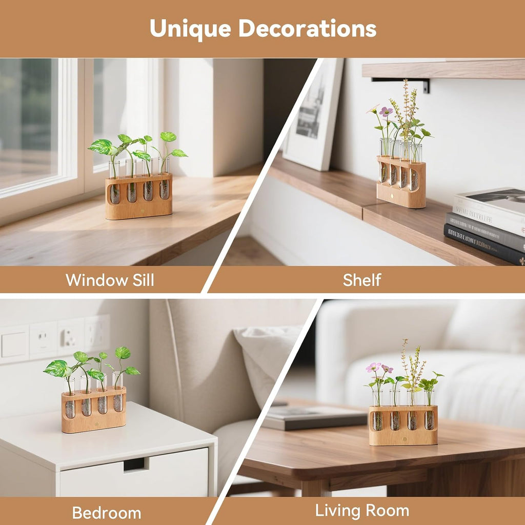 Rechargeable Plant Propagation Station with Stepless Dimming Lights | Wooden Stand, 4 Glass Test Tubes, Home Decor for