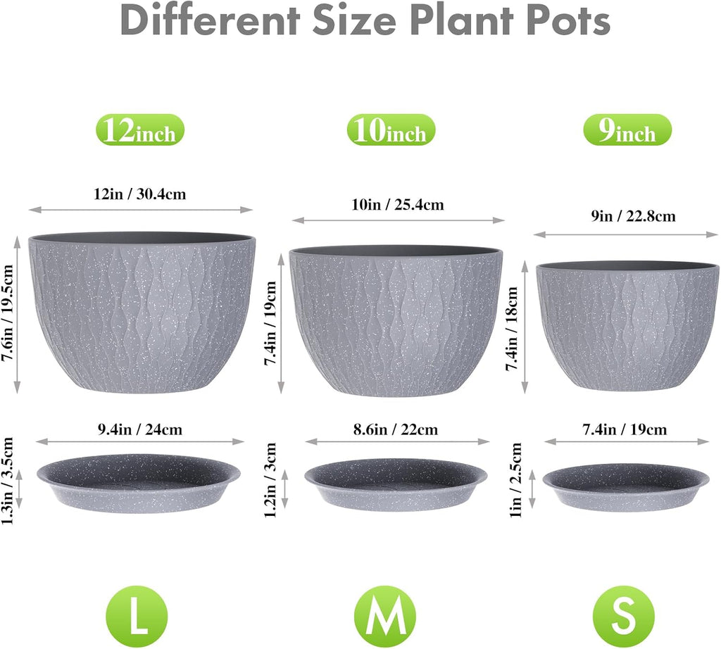 Meowell Large Flower Pots 12/10/9 inch, 3 Set Big Plant Pots for Outdoor Indoor Plants with Water Ripples, Wide Plastic