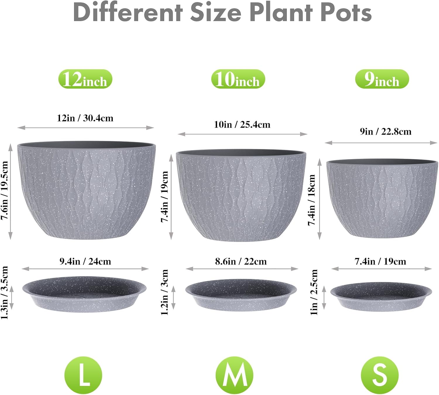 Meowell Large Flower Pots 12/10/9 inch, 3 Set Big Plant Pots for Outdoor Indoor Plants with Water Ripples, Wide Plastic