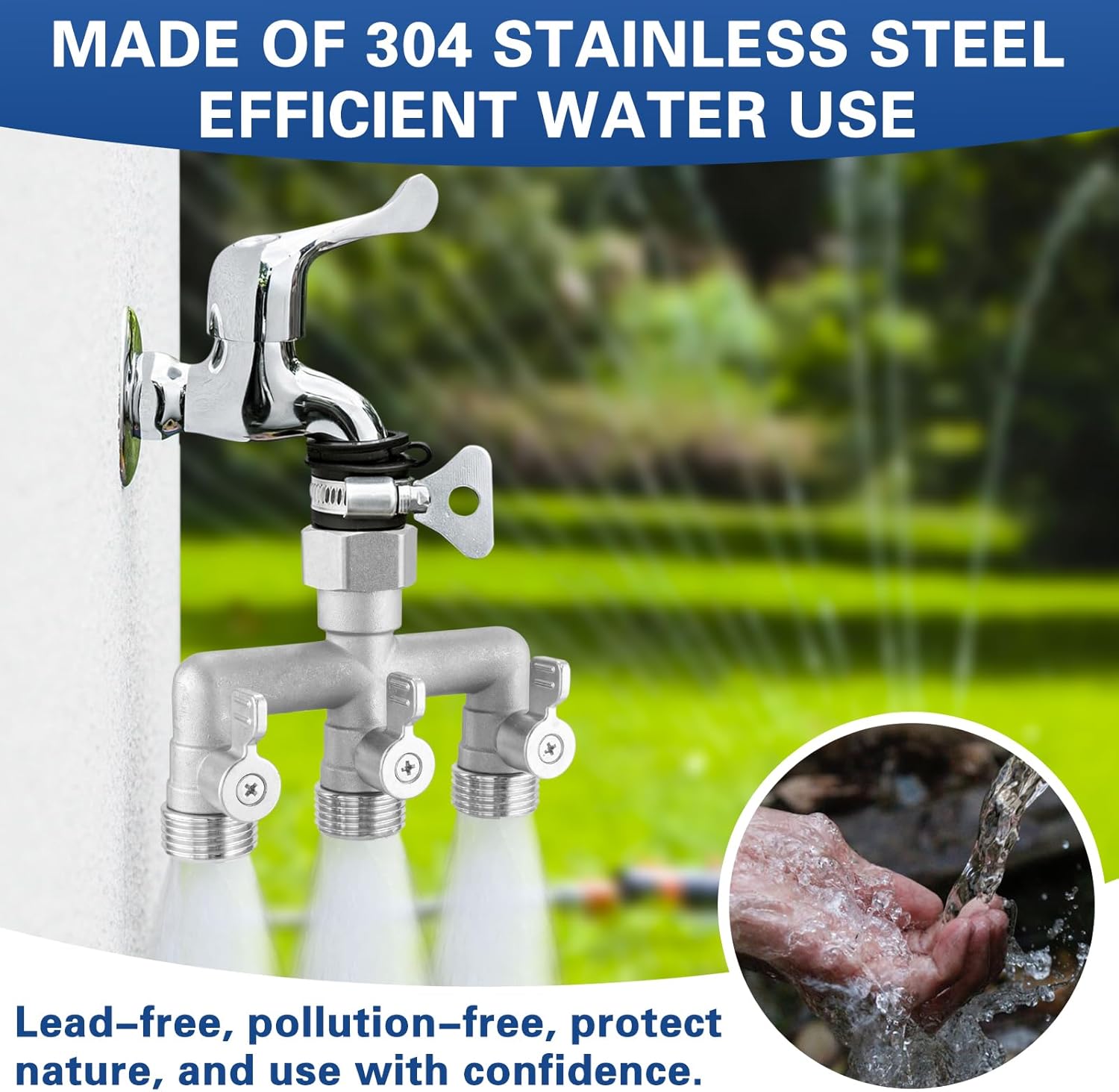 304 Stainless Steel 3 Way Garden Hose Splitter, Heavy Duty Hose Bib Splitter with 3 Shut Off Valves, High Flow Outdoor
