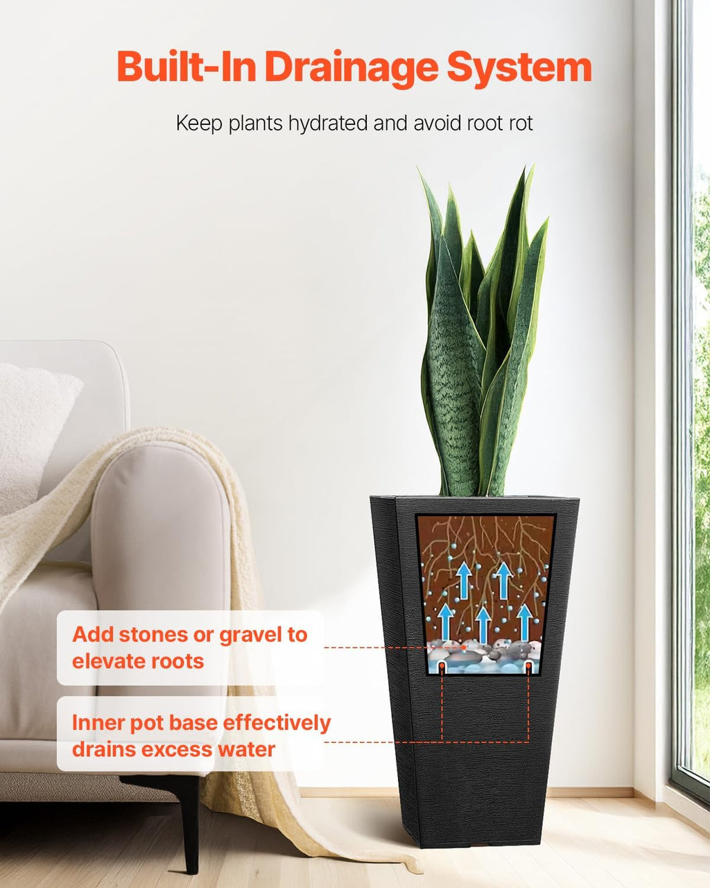VEVOR Set of 2 Tall Outdoor Planters 22inch, Large Planters for Outdoor Indoor Plants, Black Front Porch Planter Flower