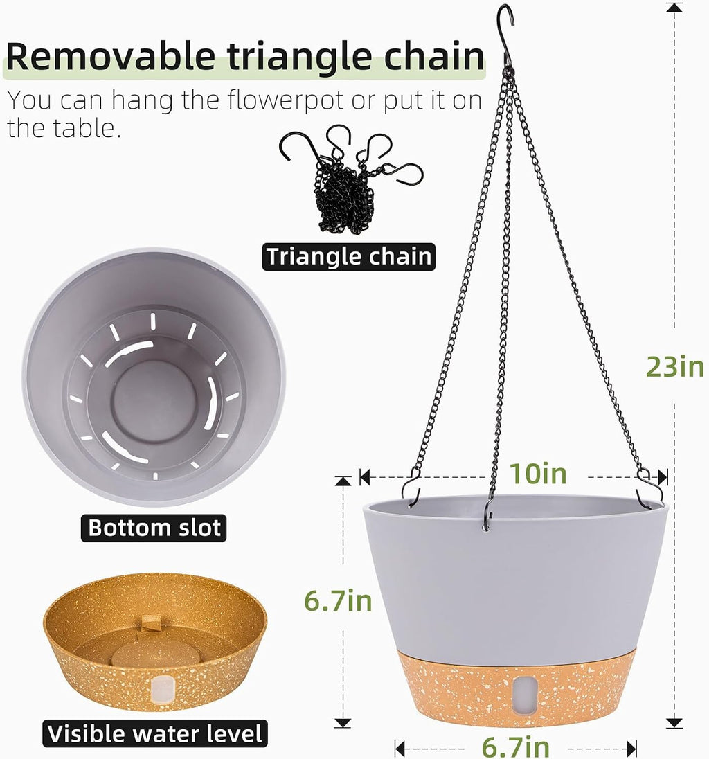 QCQHDU 2 Pack 10 Inch Hanging Planters for Indoor Outdoor Plants, Hanging Baskets Flower Pots with Reservoir Tray &