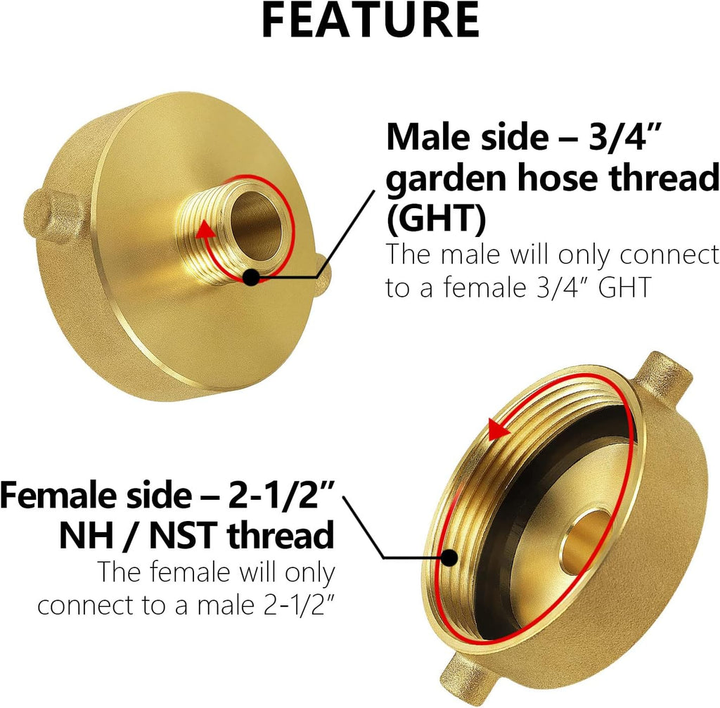 Brass Fire Hydrant Hose Adapter 2-1/2"NST/NH Femalex3/4"GHT Male Connector | Garden Hose Brass Fire Equipment Brass