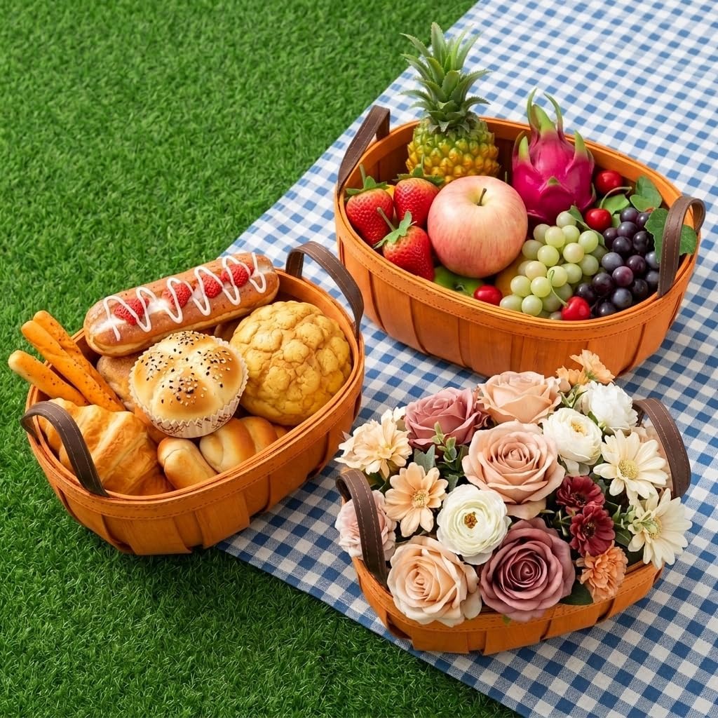 Goaste 3 Pack Wooden Bread Baskets, Wood Chip Picnic Basket with Handles, Handmade Woven Harvest Basket Holder, Rustic