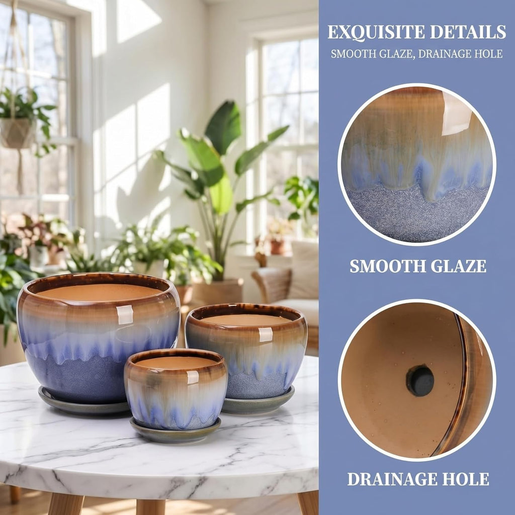 AVLA 3 Pack Ceramic Plant Pots, Gardening Drip Glazed Planters, Decorative Flower Pot with Drainage Hole and Saucer