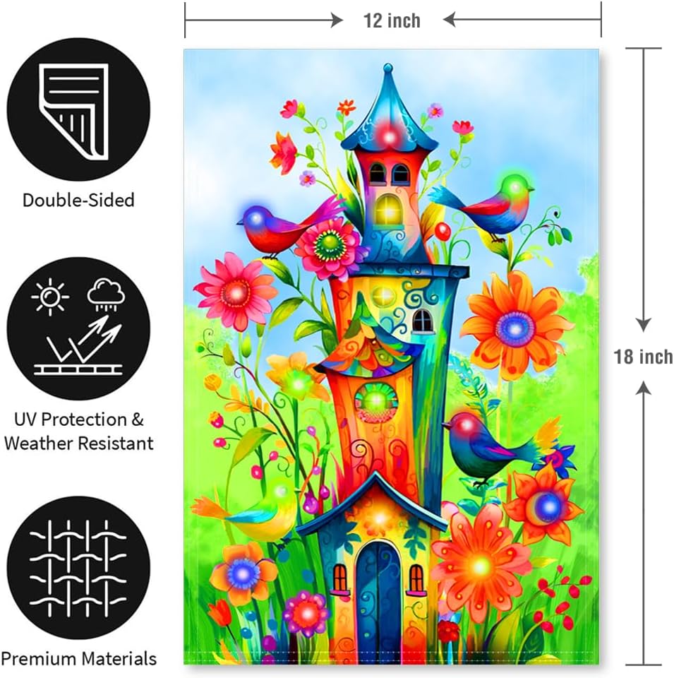 Bird Lighted Garden Flag, 12x18 Inch Double Sided | LED Solar, 8 Modes, Floral Bird Design, Stand Not Included ﻿