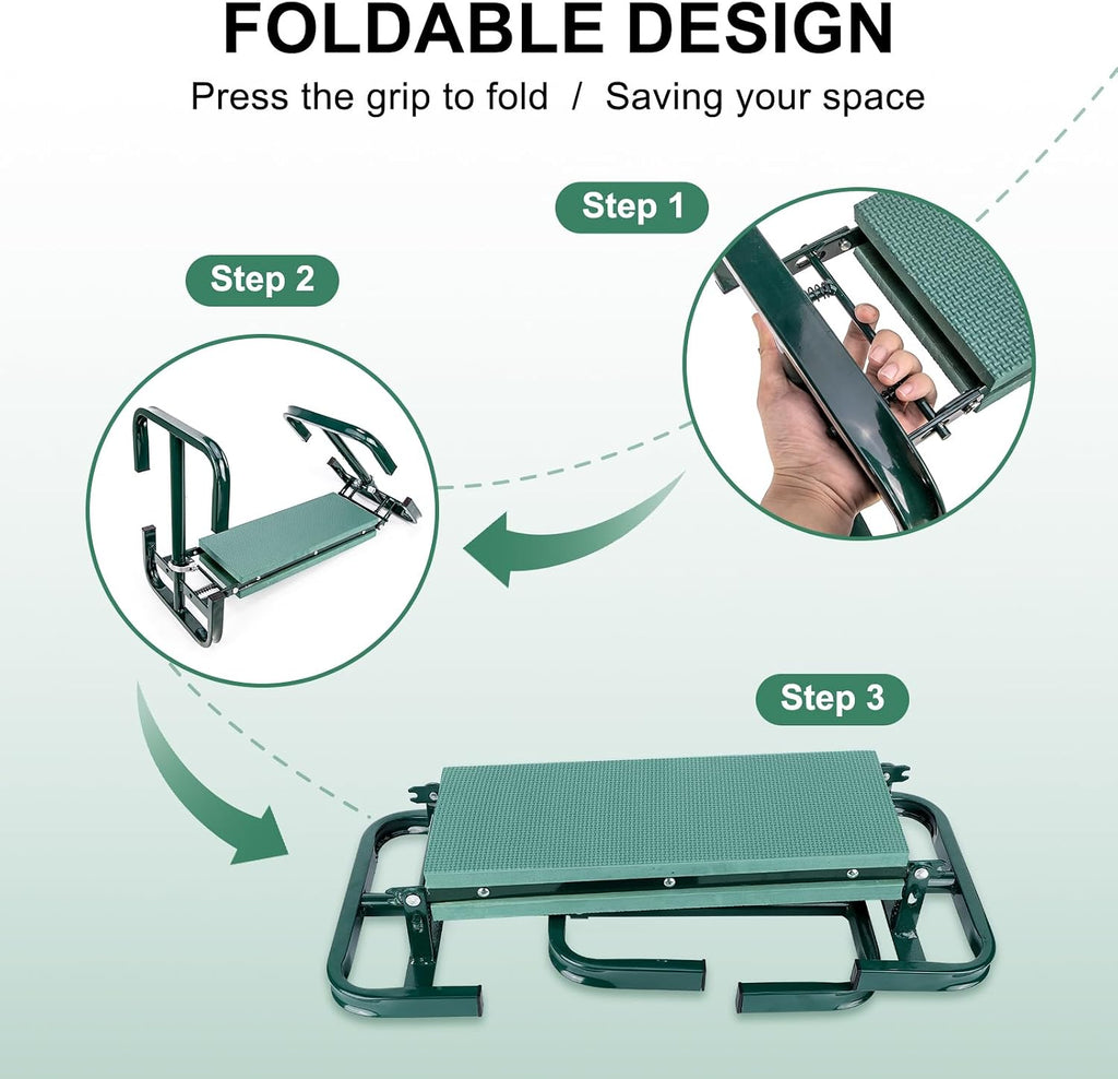 Garden Kneeler and Seat Soft Kneeling Pad Garden Bench Adjustable Height | 2 Practical Tool Pouches Foldable Gardening