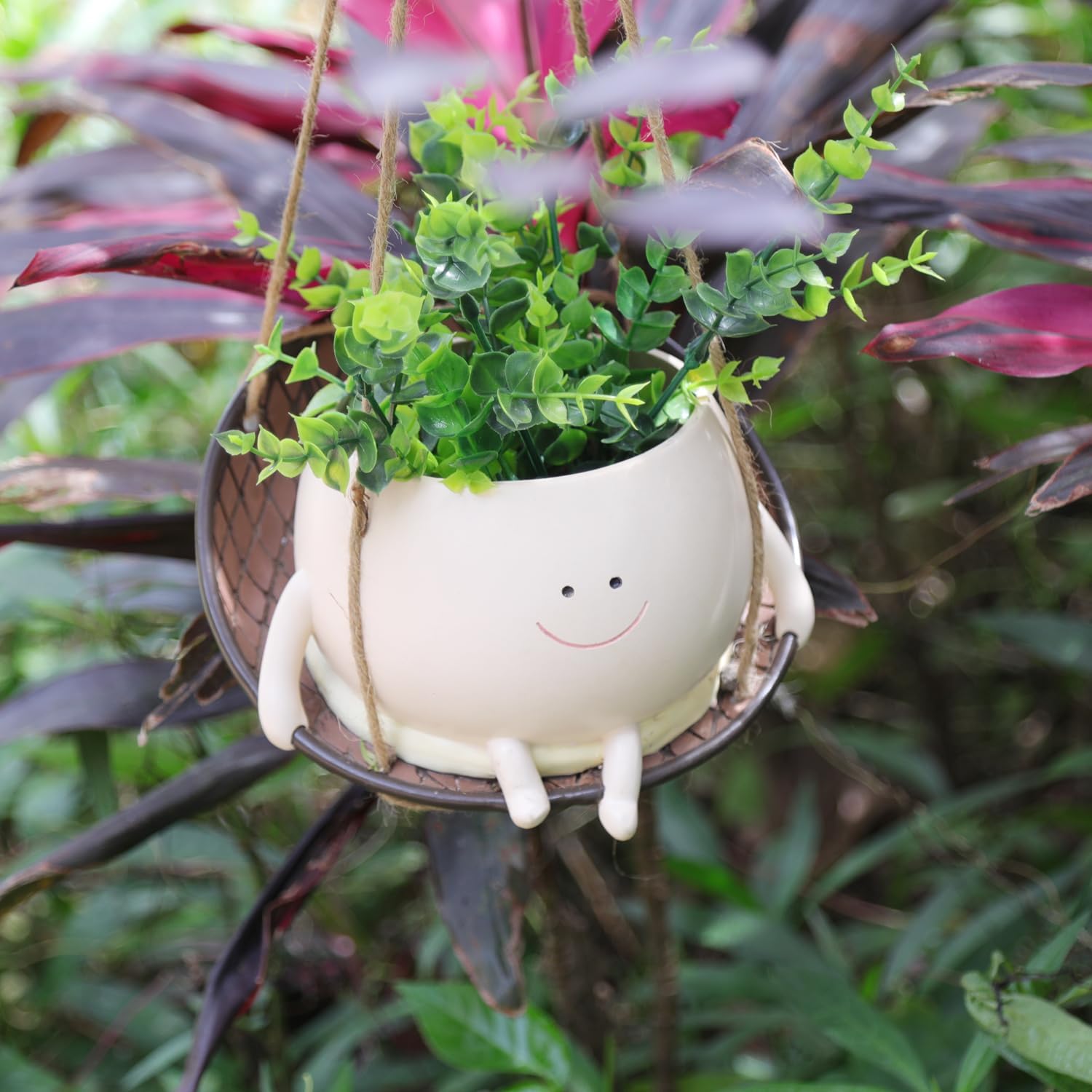 bestbear Hanging Swing Chair Planter Pot Resin Smiley Face Planter for Indoor Outdoor Plant Cute Head Flower Pots for