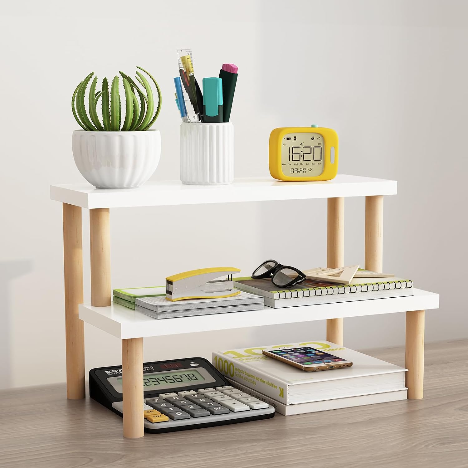 Small Plant Stand Shelf Indoor Desk, 2 Tiers Desktop Flower Stand | Window Sill Plant Shelf Ladder Tabletop Wood