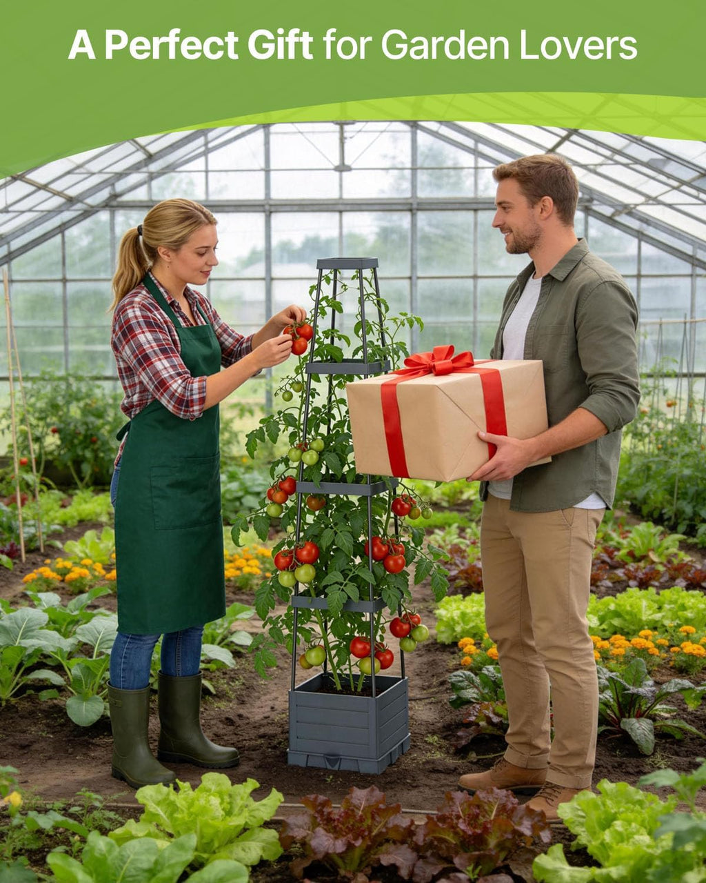 Suteck Raised Garden Bed with Trellis, 2PK Self-Watering Tomato Planter Box | Adjustable Height Steel Support Frame for