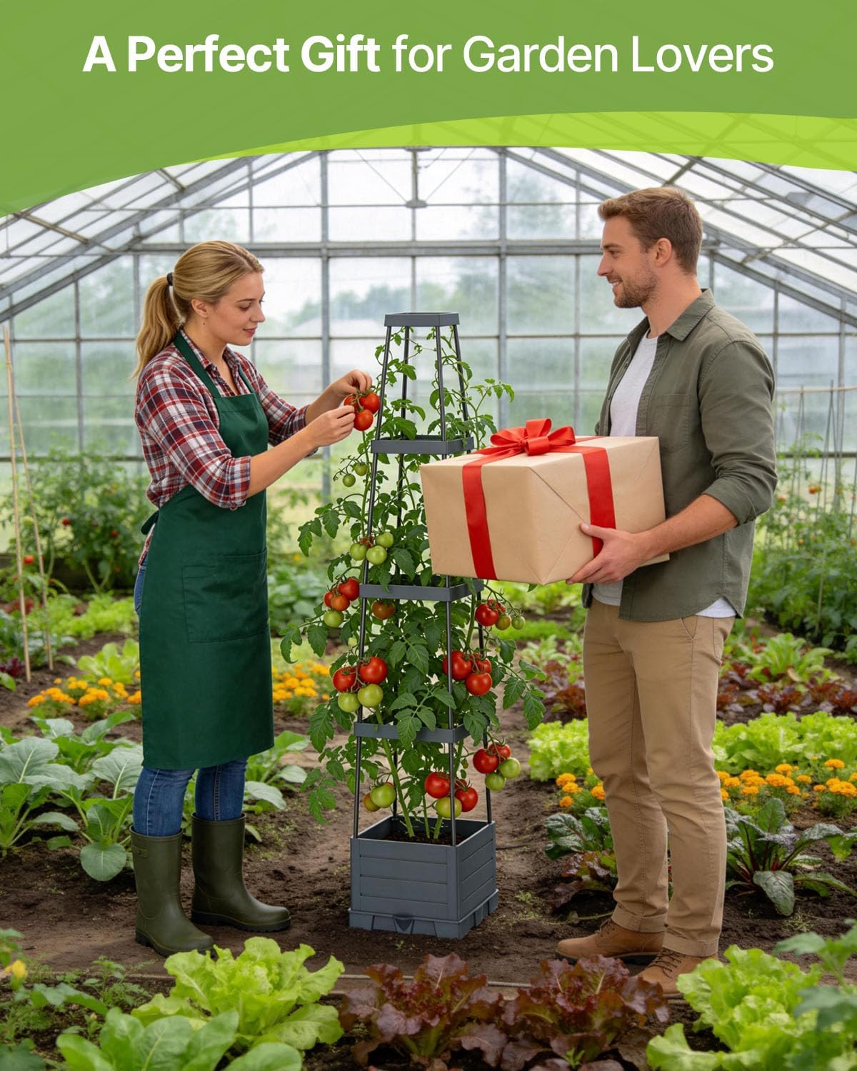 Suteck Raised Garden Bed with Trellis, 2PK Self-Watering Tomato Planter Box | Adjustable Height Steel Support Frame for