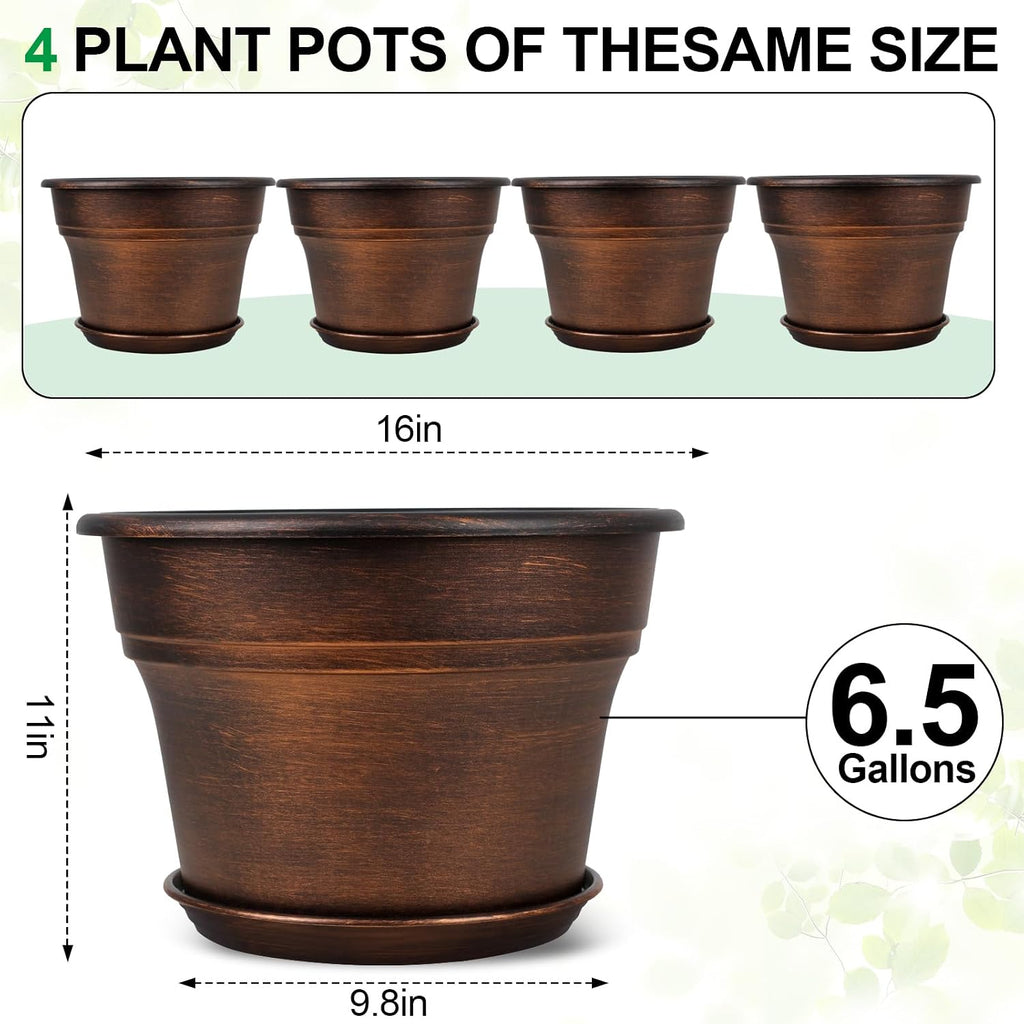 Plant Planters Pots Set of 4 Pack 16 Inch，Large Plastic Flower Pot For Indoor Plants With Drainage Holes & Trays, Resin