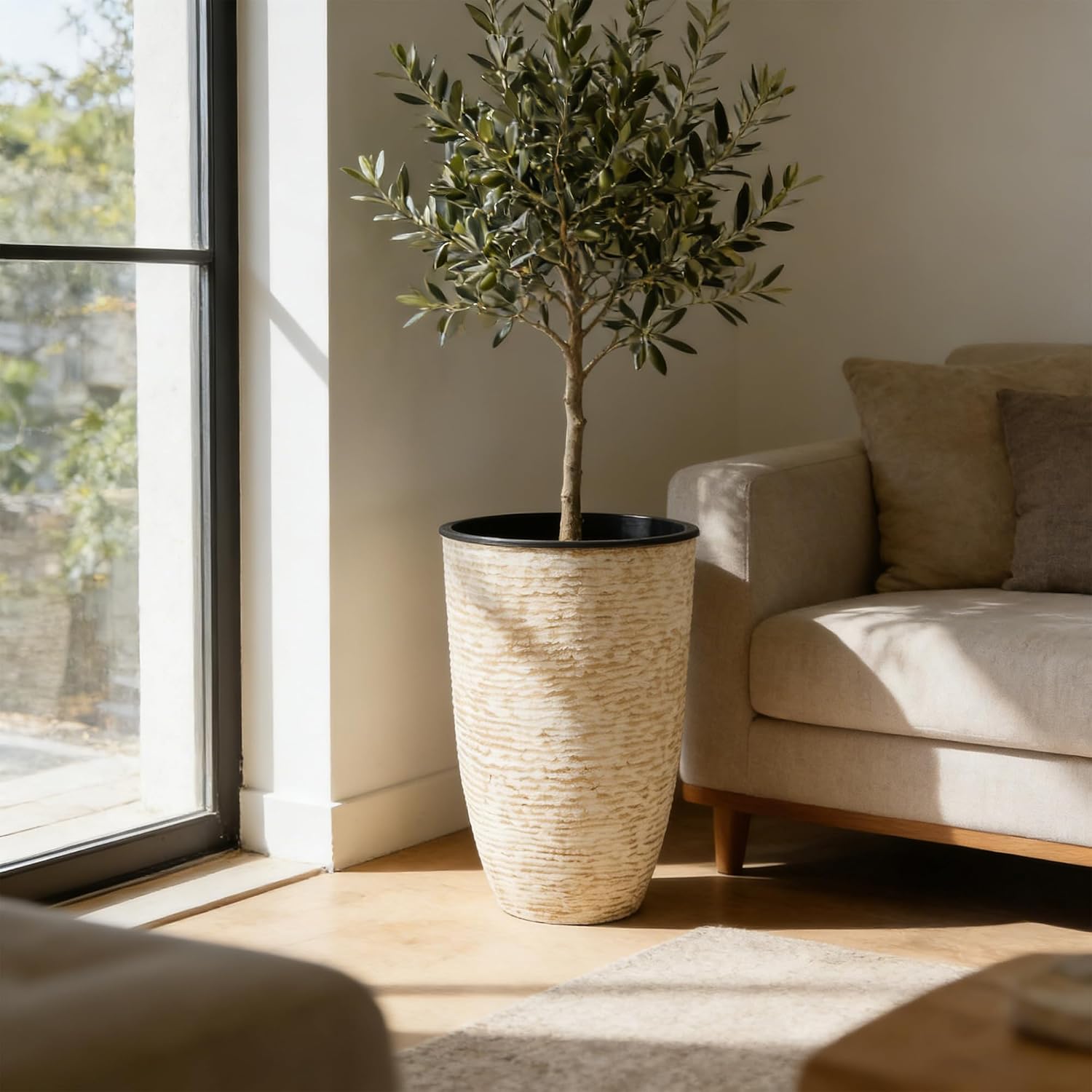 Worth Garden 21" H Beige Tall Planters set of 2 with Inside Pots - 14'' Dia Plastic Large Round Plant Tree Pots with