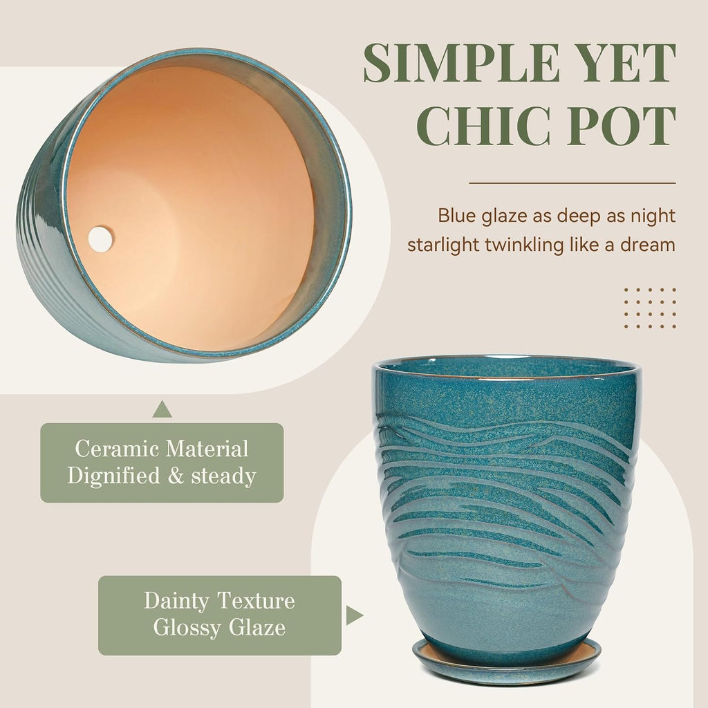 9.5 Inch Modern Ceramic Plant Pot with Saucer, Flower Pot with Drainage Hole Mesh Net,Indoor Outdoor Planter
